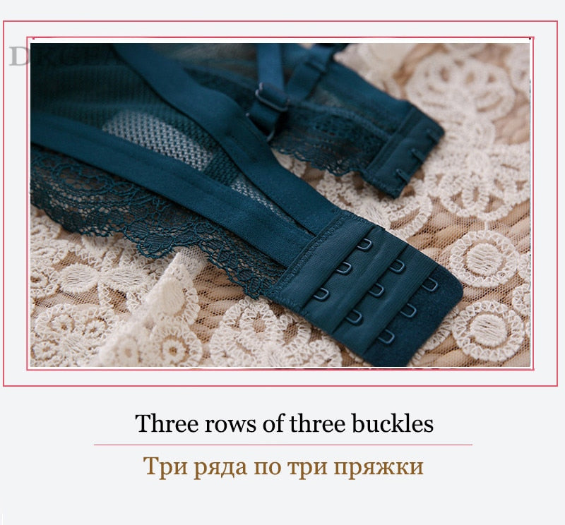 Lace bra and panties lingerie set with push-up design, embroidered details, cotton fabric, and sexy, thick bras for women.