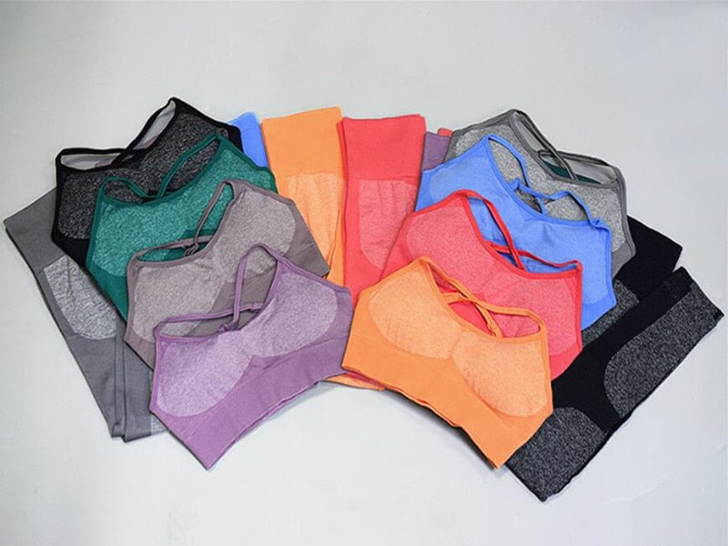 Seamless yoga fitness sports suit set with high waist leggings and bra tops, by The Clothing Company Sydney, for gym and workout.