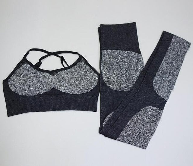 Seamless fitness sports set with high-waist leggings and sports bras from The Clothing Company Sydney, ideal for yoga and workouts.