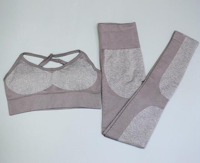 Two-piece seamless fitness sports set with high-waist leggings, tank top, and bras from The Clothing Company Sydney for gym workouts.