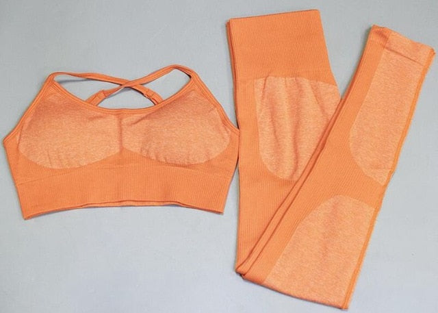 Two-piece seamless fitness sports set with high-waist leggings and sports bras from The Clothing Company Sydney, suitable for gym and running.