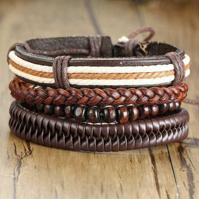 4 PieceSet Braided Wrap PU Leather Bracelets for Men Vintage Life Tree Rudder Charm Wood Beads Ethnic Tribal Style Wristbands The Clothing Company Sydney