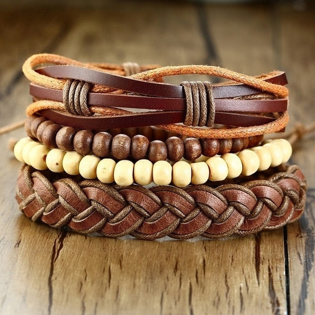 Four-piece men's braided leather bracelet set with life tree charm, wood beads, and tribal style designs by The Clothing Company Sydney