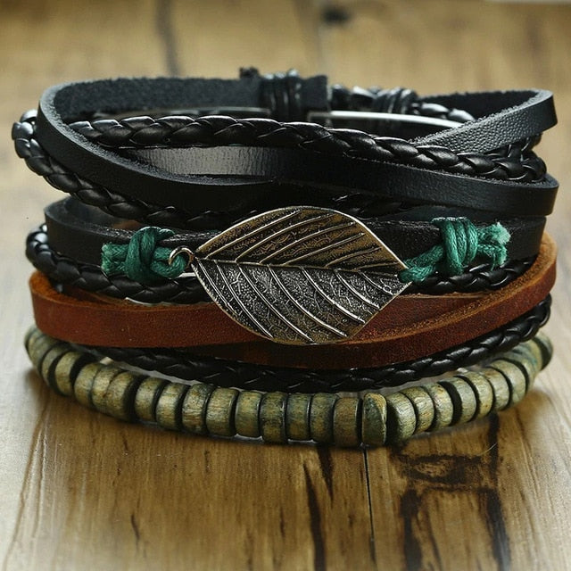 Four-piece men's braided leather bracelet set with life tree charm, wood beads, and tribal style design by The Clothing Company Sydney