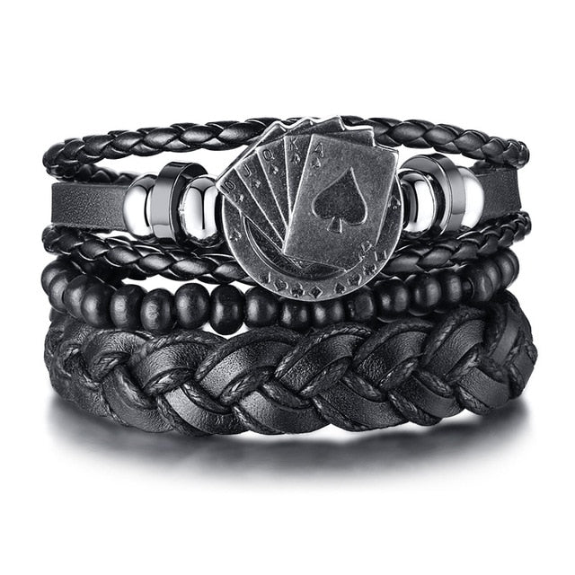 Four-piece men's braided wrap leather bracelet set with wood beads, life tree charm, and tribal style design.