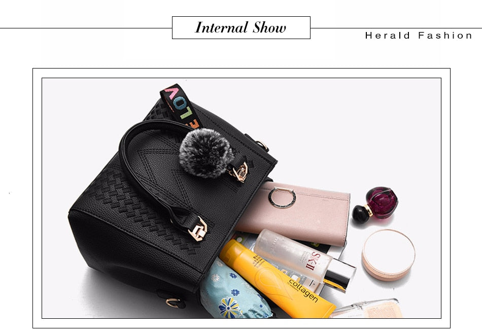 Embroidery handbag from The Clothing Company Sydney featuring fur ball detail, PU leather shoulder crossbody tote for women.