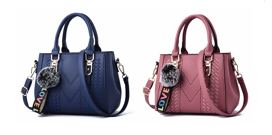 Embroidery handbag with fur ball accents, designer PU leather shoulder crossbody tote for women, stylish office and casual use.