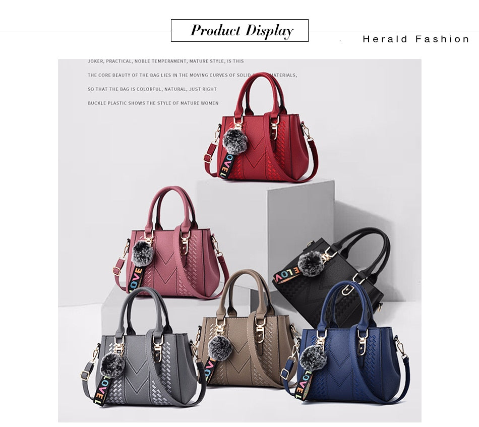 Embroidery handbag with fur ball detail, PU leather shoulder bag featuring designer style, crossbody and tote options for women.