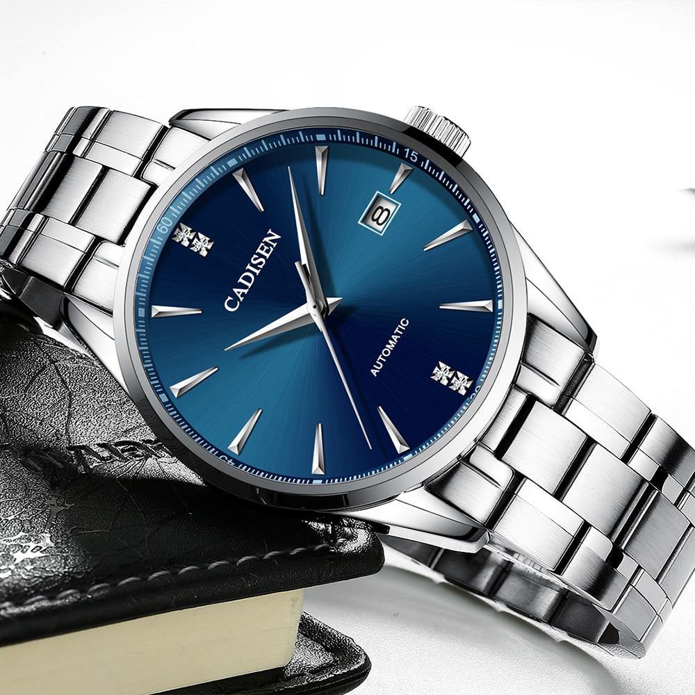 Stainless steel automatic men's wristwatch with curved glass, Japan NH35A movement, waterproof design, suitable for business and leisure.