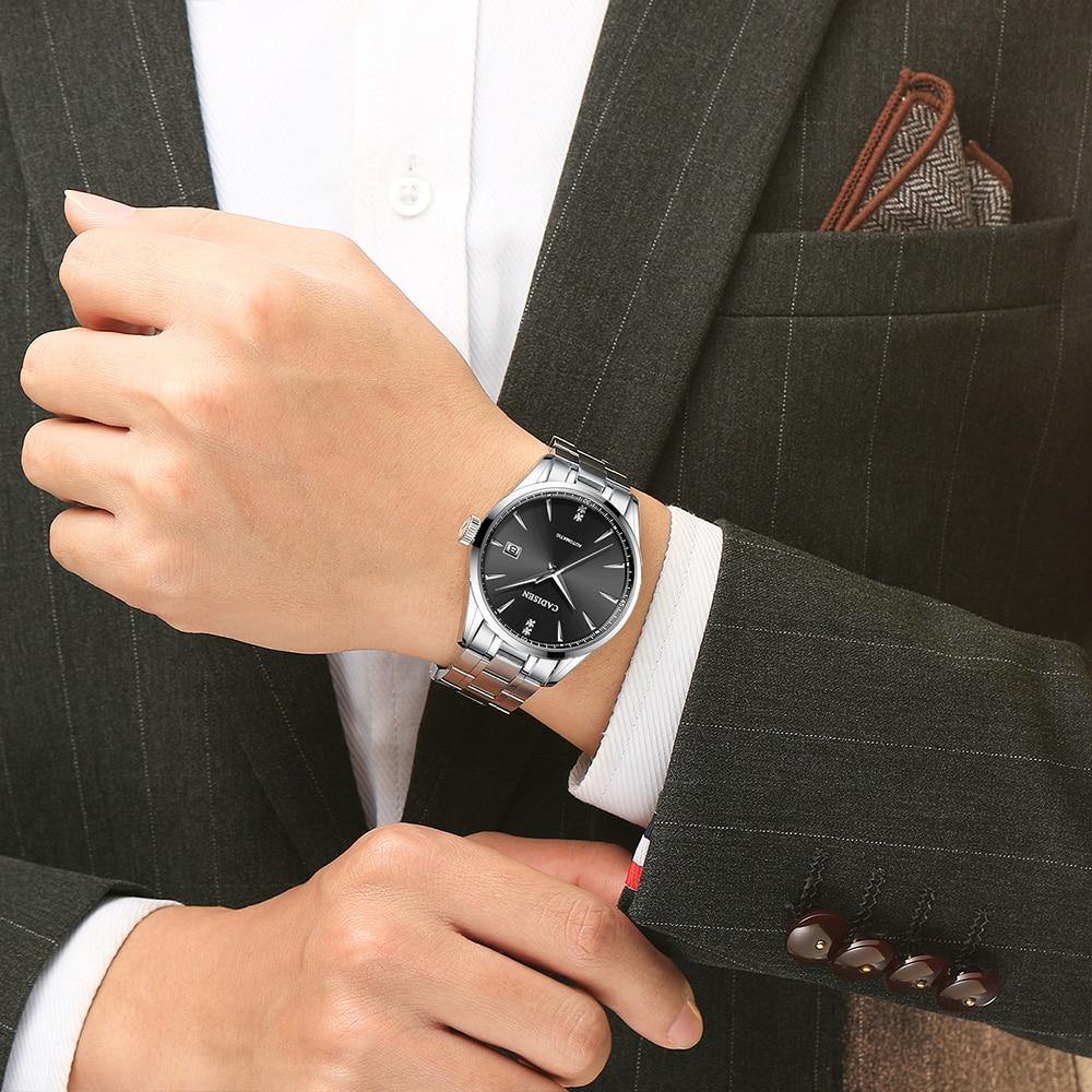 Stainless steel automatic men's watch with curved glass, Japan NH35A movement, waterproof design, suitable for business and leisure.