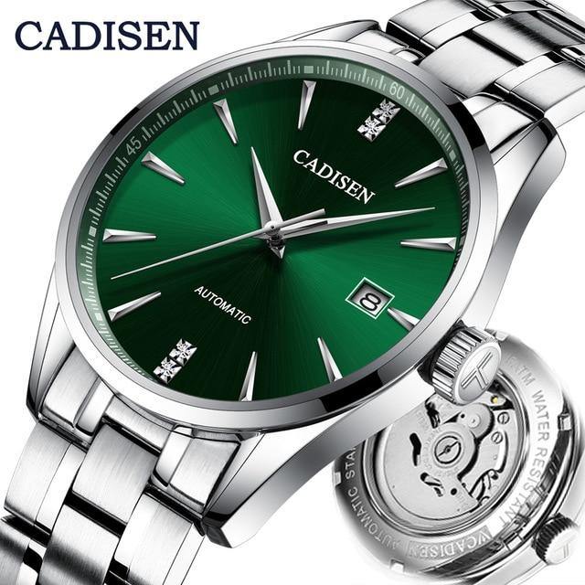 Stainless steel automatic men's watch with curved glass, Japan NH35A movement, waterproof design, suitable for business and leisure wear.