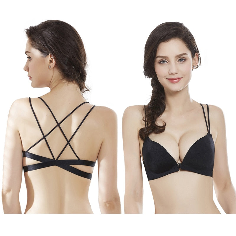 Backless seamless bralette by The Clothing Company Sydney, front closure, push-up design, strapless, cup-free, flexible lingerie.
