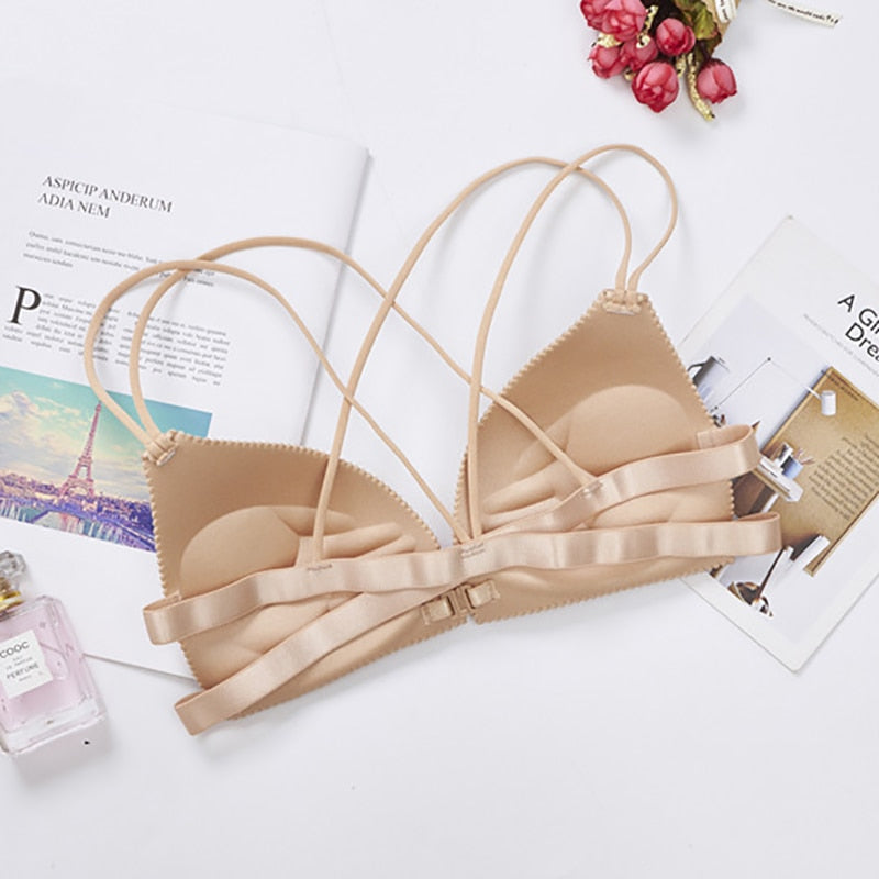 Backless seamless bralette by The Clothing Company Sydney featuring front closure, push-up cups, and strapless design for comfortable lingerie.