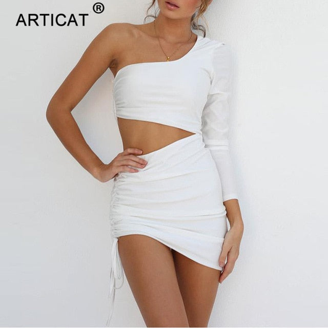 One Shoulder Hollow Out Pleated Bandage Bodycon Mini Casual Party Autumn Summer Dress The Clothing Company Sydney