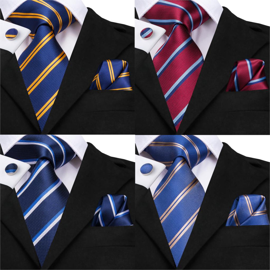 Three-piece men's accessories set including a blue and black striped silk necktie, pocket square, and cufflinks.