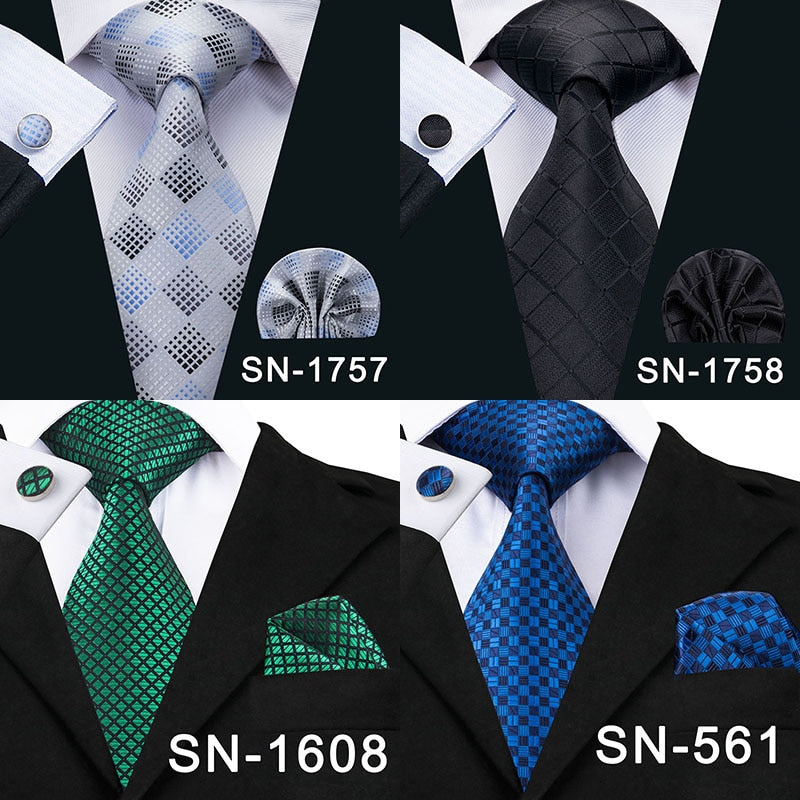 Set of men's accessories including a blue and black striped silk tie, pocket square, and cufflinks for business or wedding attire.