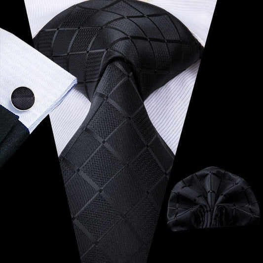 3 Piece Business Classic Blue Black Striped Solid Men's 3.4" Brand Necktie Pocket Square Cufflinks Wedding Party Silk Tie Set The Clothing Company Sydney