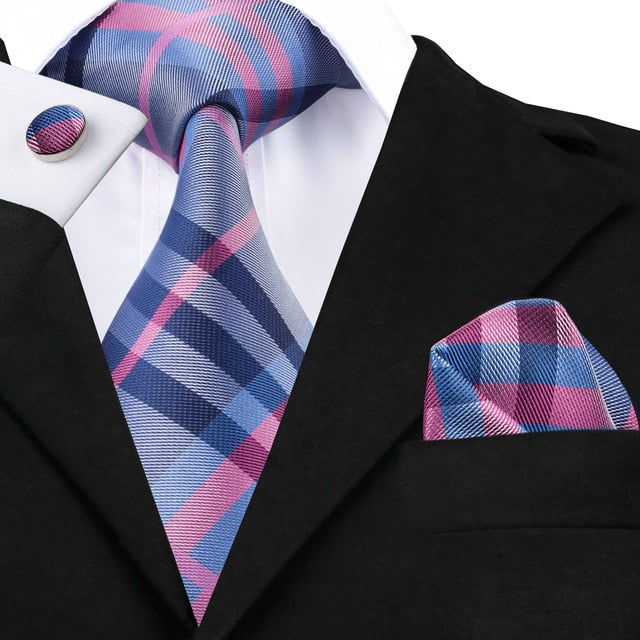 Blue and black striped silk men's tie, pocket square, and cufflinks set by The Clothing Company Sydney for business and wedding attire.