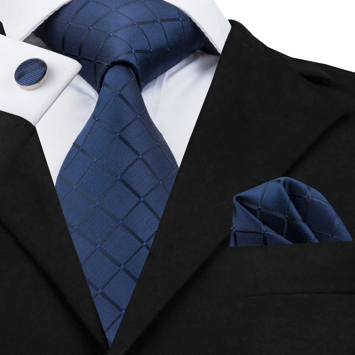 3-piece men's necktie set with blue and black stripes, includes pocket square and cufflinks, made of silk, by The Clothing Company Sydney