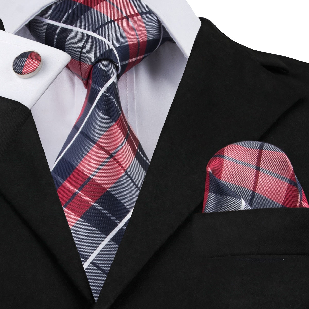 Three-piece men's business tie set with blue and black striped silk tie, pocket square, and cufflinks from The Clothing Company Sydney.