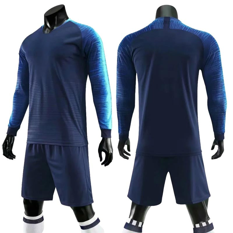 Adult kids soccer long sleeve jersey set with matching shorts, custom football training uniforms by The Clothing Company Sydney.
