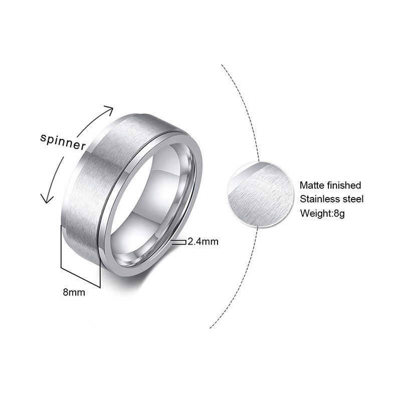 Stainless steel spinner ring with 6/8mm band, men's and ladies' stress relief accessory, casual wedding band from The Clothing Company Sydney