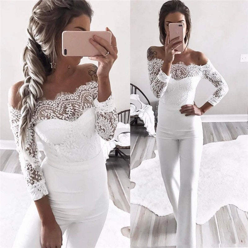 Fancy summer fall off shoulder playsuit jumpsuit long sleeve sheer lace patchwork hollow bandage skinny Outfit set The Clothing Company Sydney