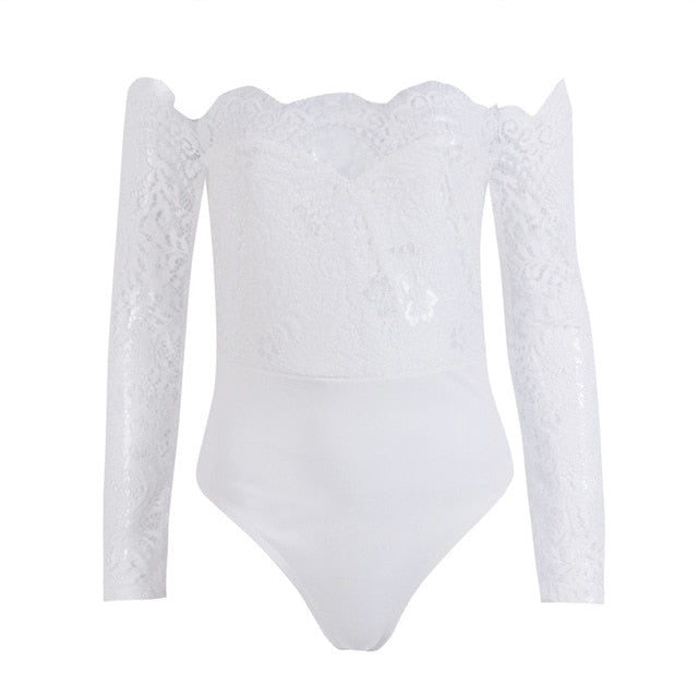 Fancy summer fall off shoulder playsuit jumpsuit long sleeve sheer lace patchwork hollow bandage skinny Outfit set The Clothing Company Sydney