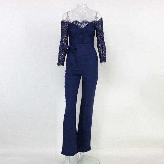 Fancy summer fall off shoulder playsuit jumpsuit long sleeve sheer lace patchwork hollow bandage skinny Outfit set The Clothing Company Sydney