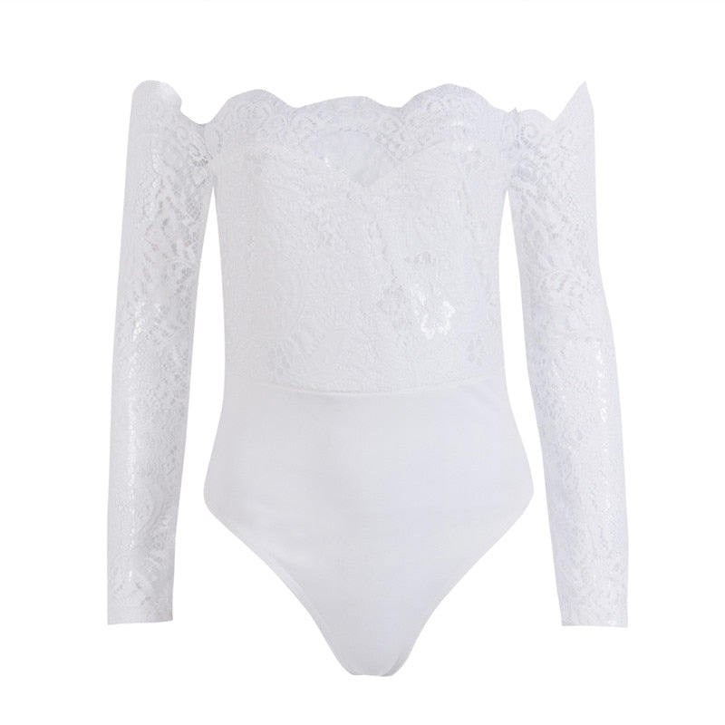 Fancy summer fall off shoulder playsuit jumpsuit long sleeve sheer lace patchwork hollow bandage skinny Outfit set The Clothing Company Sydney