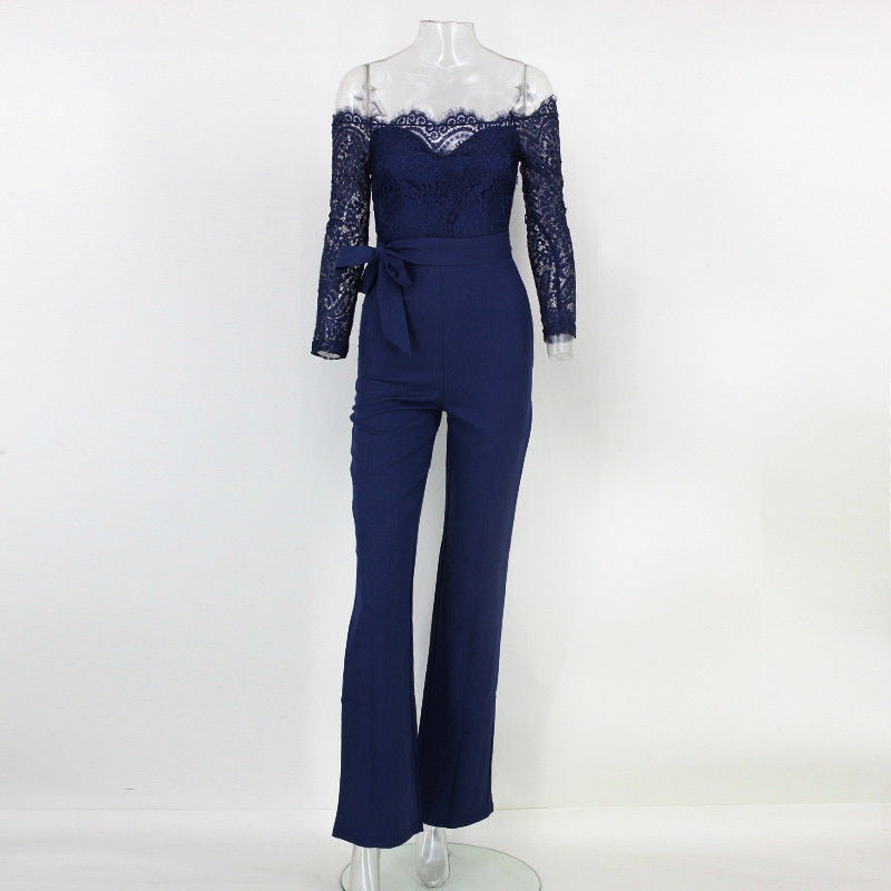 Fancy summer fall off shoulder playsuit jumpsuit long sleeve sheer lace patchwork hollow bandage skinny Outfit set The Clothing Company Sydney