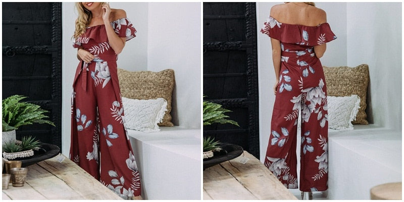 Bohemian floral print off-shoulder long summer beach jumpsuit with ruffled sleeves, designed for ladies by The Clothing Company Sydney.