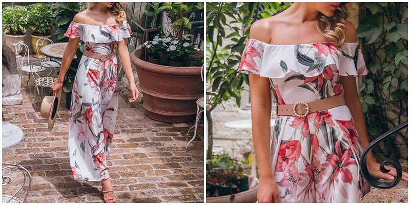 Bohemian floral print off-shoulder summer jumpsuit with ruffled details, long style, perfect for beach and casual occasions.