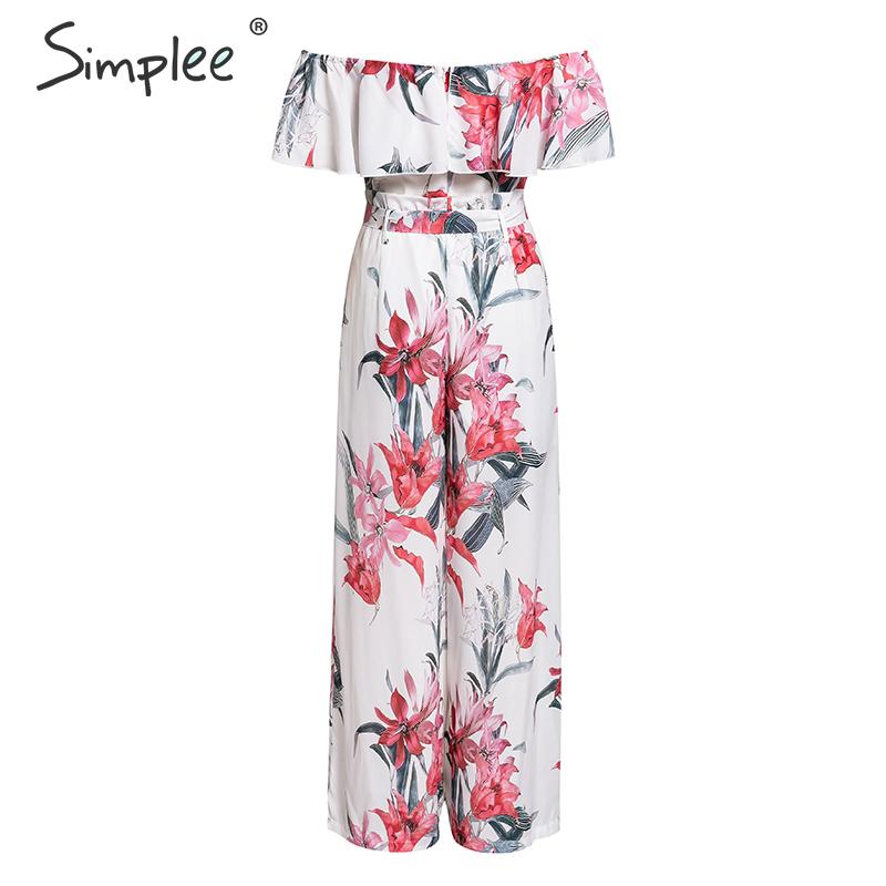 Bohemian floral print off-shoulder summer jumpsuit with ruffled details, long design, perfect for beach or casual wear.