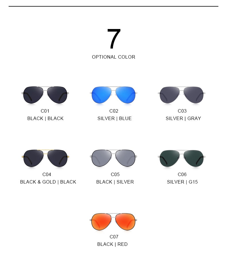 Men's pilot sunglasses with aluminum aviation frame, polarized lenses, UV400 protection, perfect for driving and outdoor use.