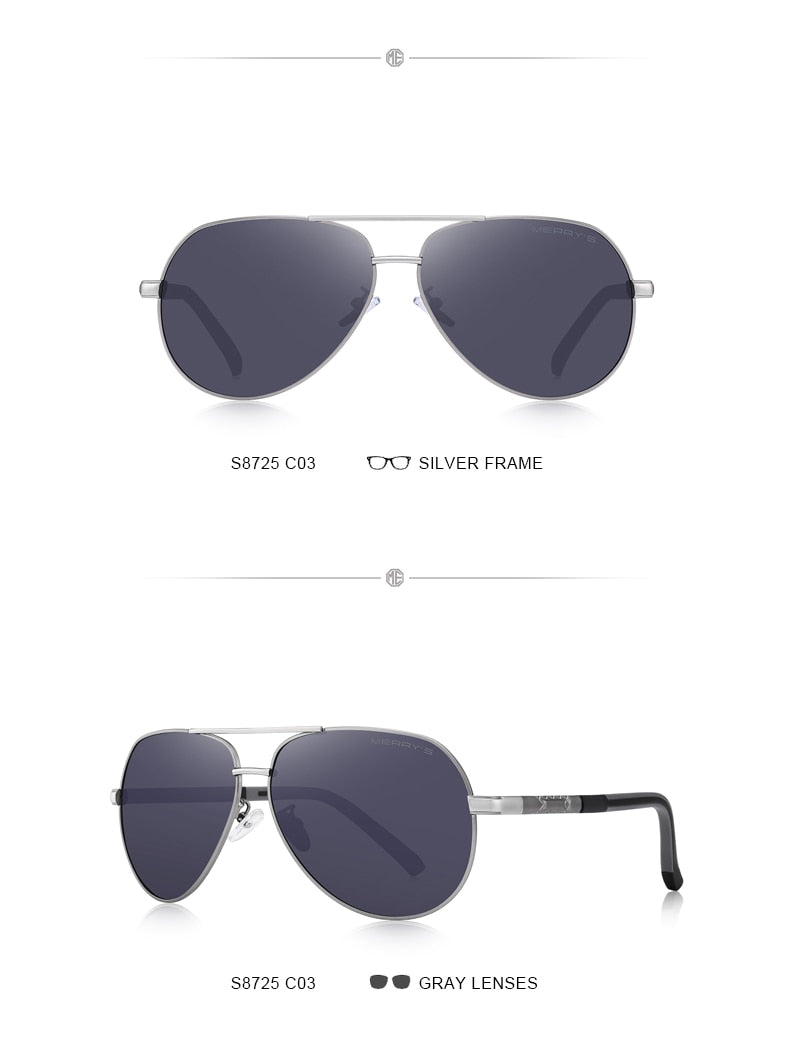 Designer men's aluminum pilot sunglasses with polarized lenses, UV400 protection, aviation style for driving and outdoor wear.