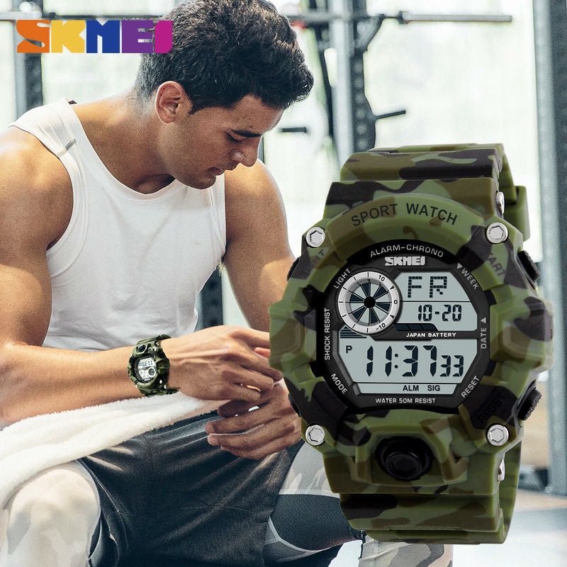 Men's outdoor sport alarm clock by The Clothing Company Sydney featuring waterproof military LED digital display and shock-resistant design.