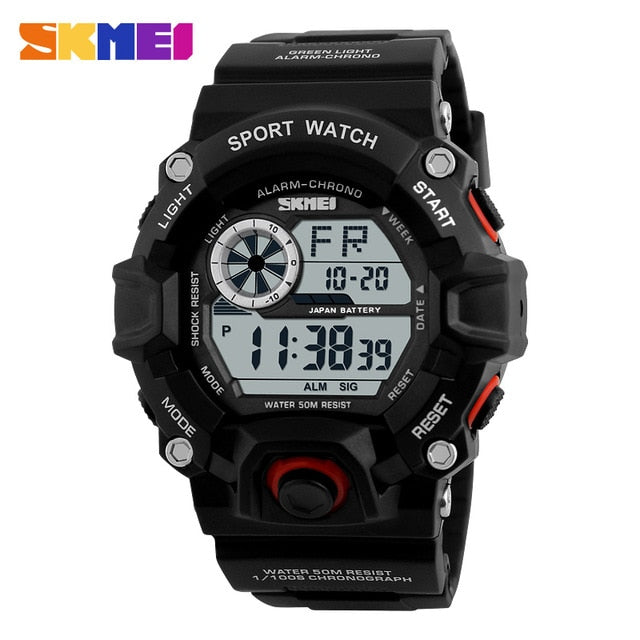 Men's outdoor sport digital watch by The Clothing Company Sydney with 5Bar waterproof, shock-resistant military LED display.
