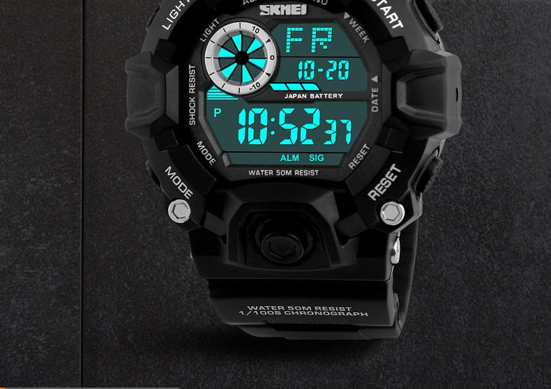 Men's outdoor sport digital watch by The Clothing Company Sydney with LED display, waterproof, shock-resistant, and military-style features.