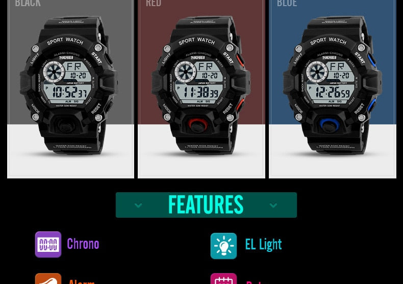 Men's outdoor sport alarm clock by The Clothing Company Sydney with waterproof design, LED display, and shock-resistant digital features.