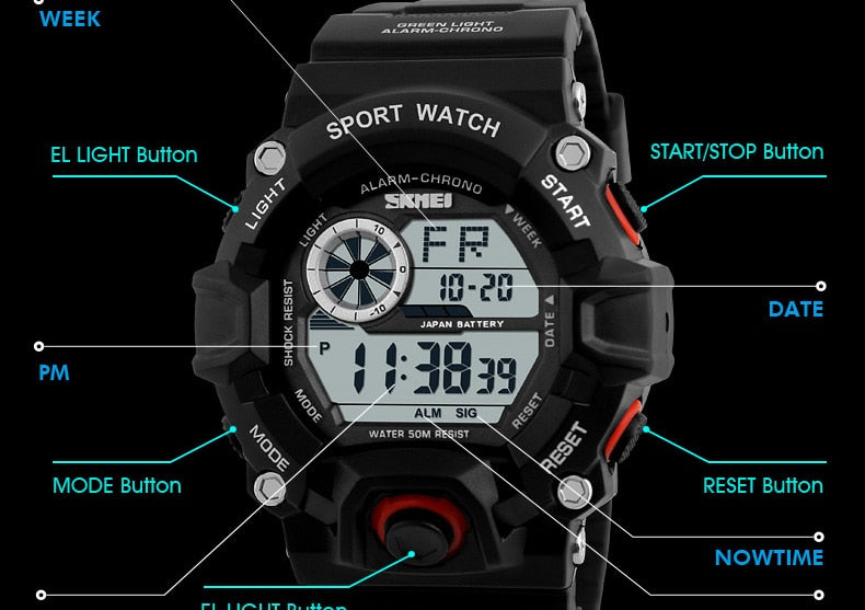 Men's outdoor sport digital watch by The Clothing Company Sydney with LED display, waterproof, shock-resistant, and military-style features.