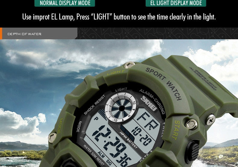 Men's outdoor sport digital watch with LED display, 5Bar waterproof, shock-resistant military-style watch by The Clothing Company Sydney
