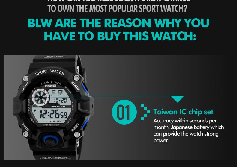 Men's outdoor sport digital watch by The Clothing Company Sydney with waterproof, shock-resistant design and LED display.