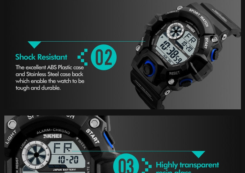 Men's outdoor sport alarm clock by The Clothing Company Sydney featuring waterproof design, military LED display, and shock-resistant digital watch.