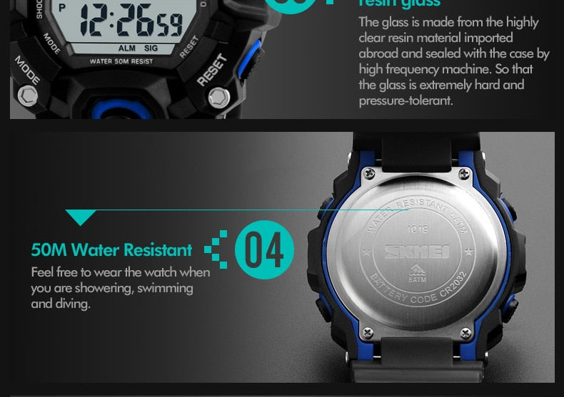 Men's outdoor sport digital watch with LED display, waterproof 5Bar, shock-resistant, military style from The Clothing Company Sydney.