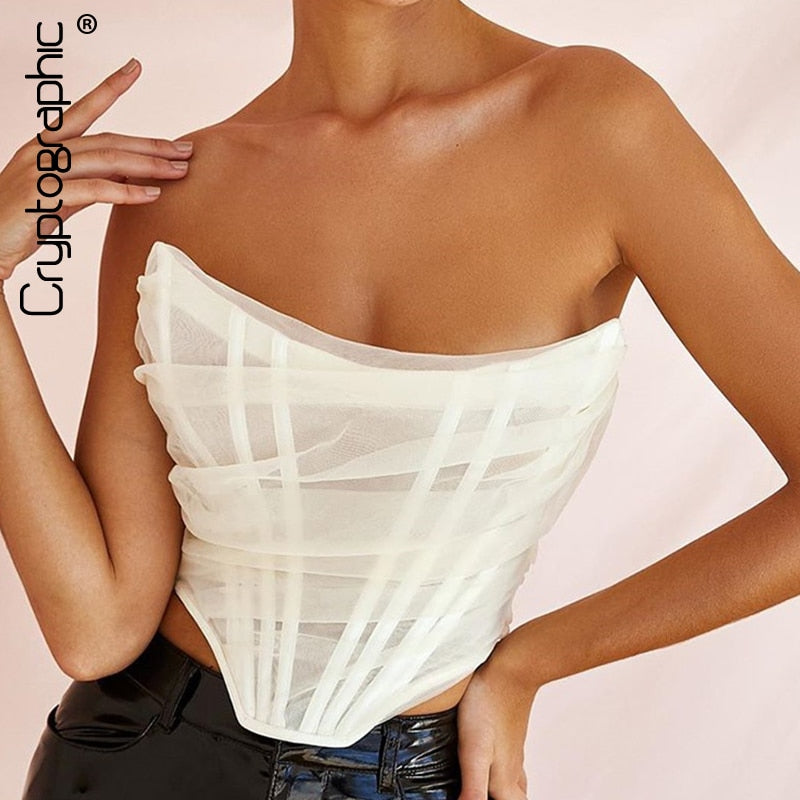 Sleeveless strapless bustier corset crop top with mesh back and front zipper from The Clothing Company Sydney, perfect for summer wear.
