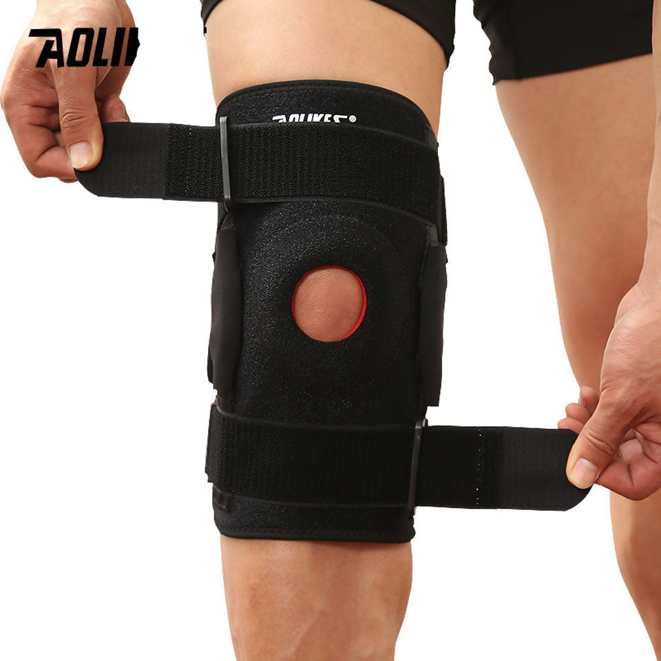Hiking and cycling knee support brace with removable aluminum plate, four straps, and adjustable fit for mountaineering knee protection.