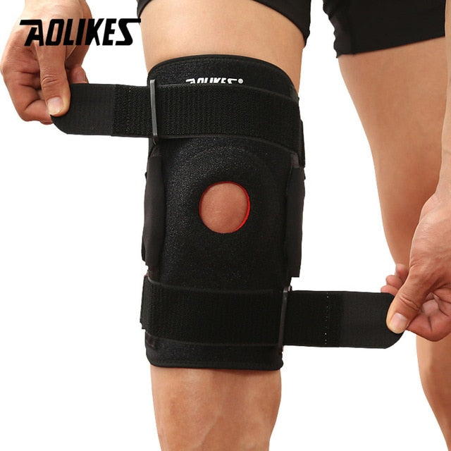 Hiking and cycling knee support protector with removable aluminum plate and four straps for mountaineering knee joint support.