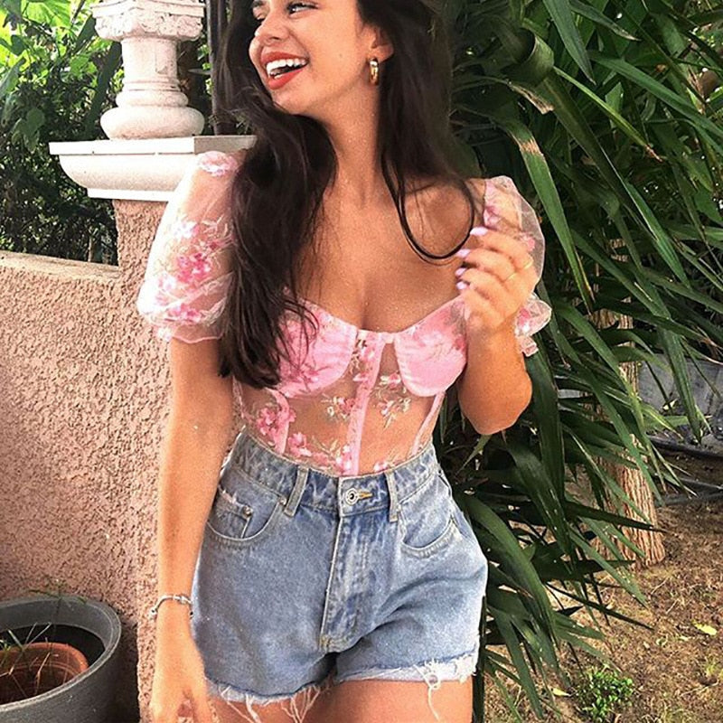 Pink mesh embroidered square neck cropped bustier top with puff sleeves, transparent design, perfect for summer blouse style.