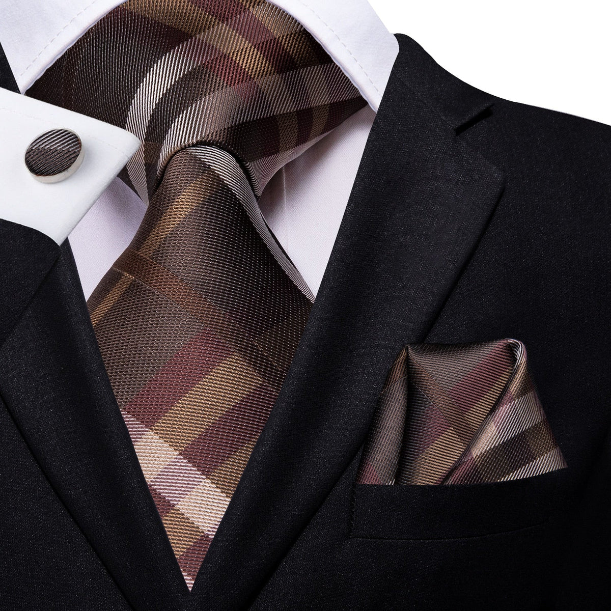 Set of men's accessories including a blue and black striped silk necktie, pocket square, and cufflinks for business or wedding attire.